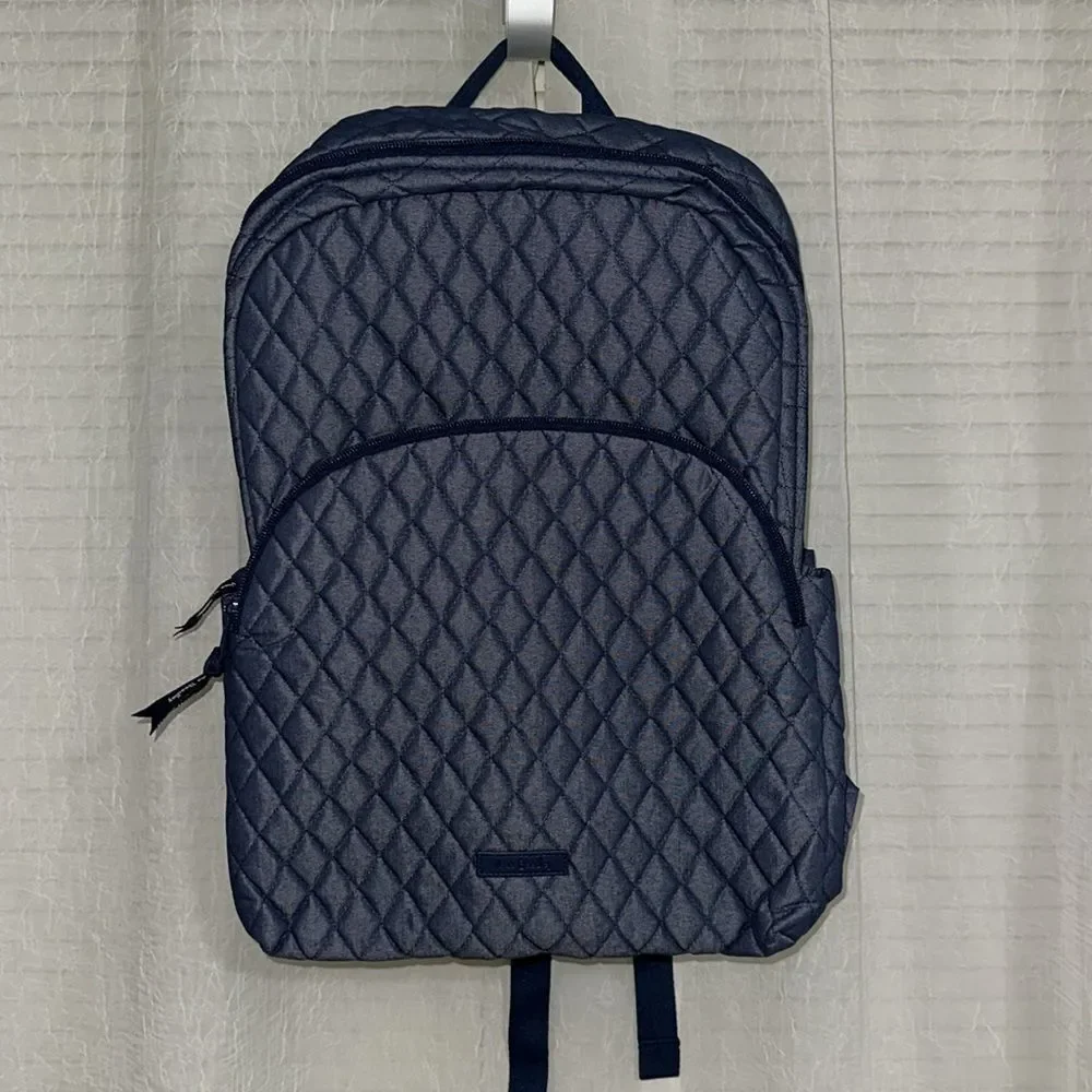Vera Bradley Denim Moonlight Navy Large Laptop Essential Quilted Backpack 31L